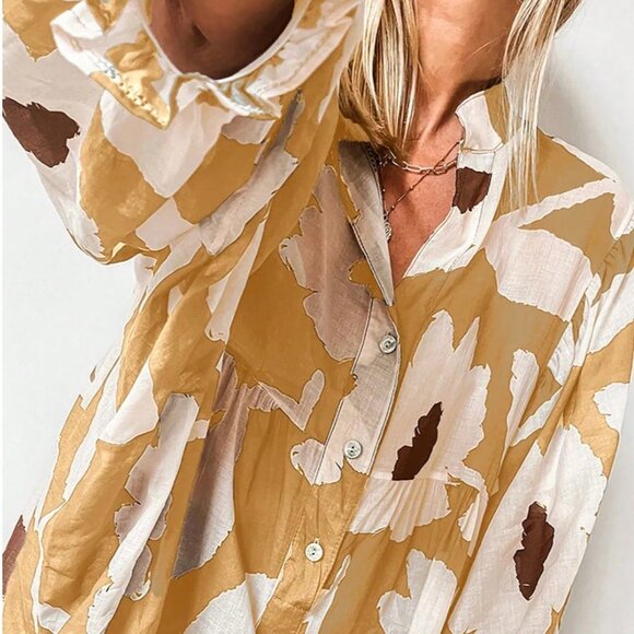 MODA ME COUTURE Tops - Yellow Boho Women's Floral Print Partial Open Collar Blouse Top